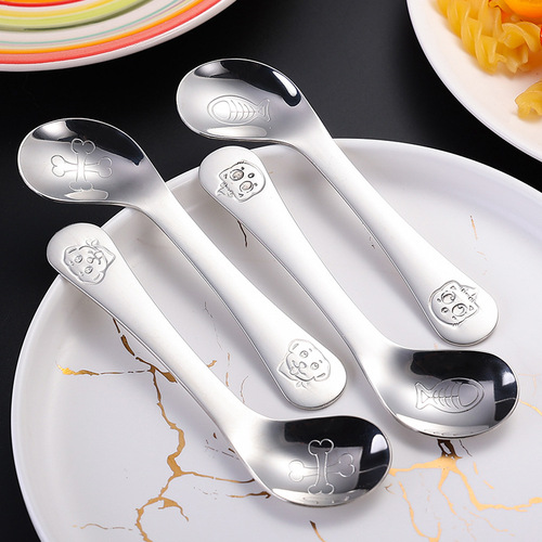 304 stainless steel baby learning eating training spoon, children's crooked mouth and elbow training spoon, creative cartoon baby spoon