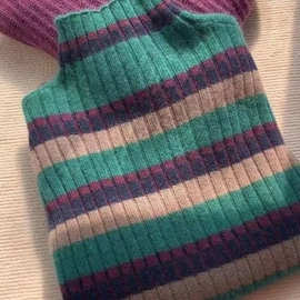 2025春秋新款韩版加厚彩虹条纹半高领毛衣女软糯针织打底衫外穿