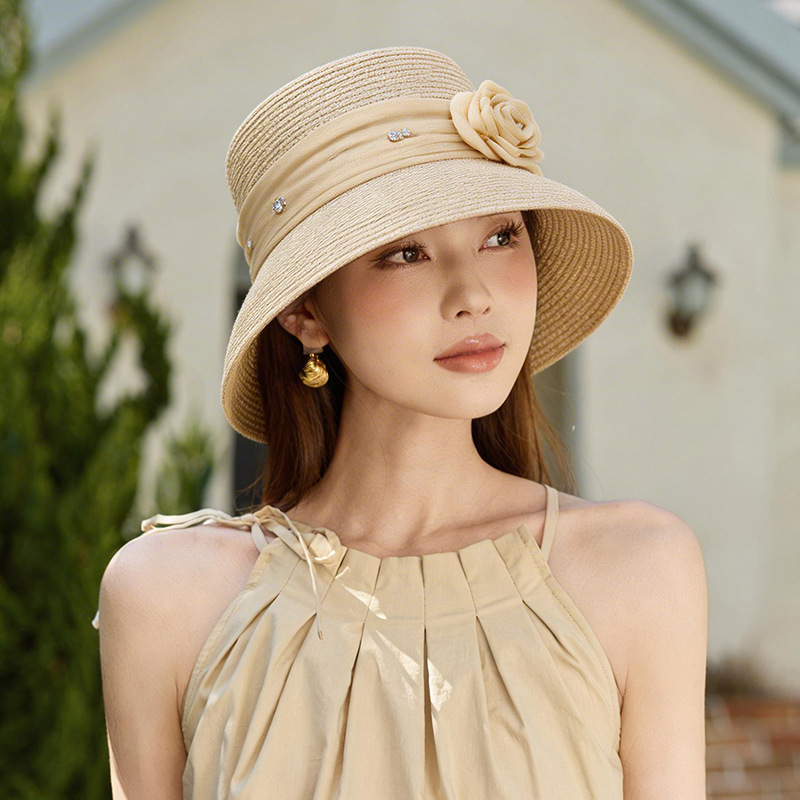 Mũ rơm cổ điển nữ vành phẳng phong cách Hepburn, có dây lụa, chống nắng — màu be