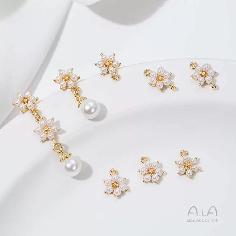 保色14K包真金仿珍珠雪花带吊耳钉梅花吊坠手工DIY双吊耳饰品配件