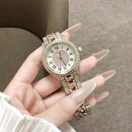 高级满钻石英腕表复古罗马表盘复古精致间金链条表带时尚百搭个性
