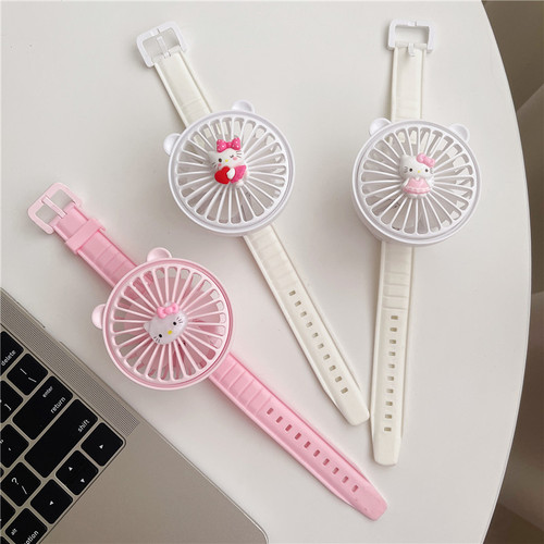  New Cute KT Cat Watch Fan USB Charging Mini Portable Handheld Small Fan Student Silent