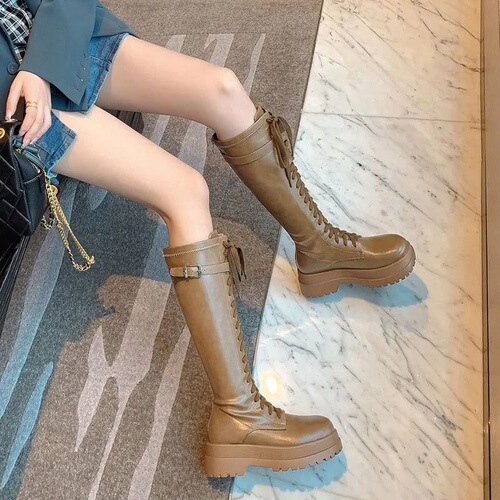Boots, long boots, women's summer boots, new autumn white thick-soled boots, thick-leg lace-up high-top Martin boots