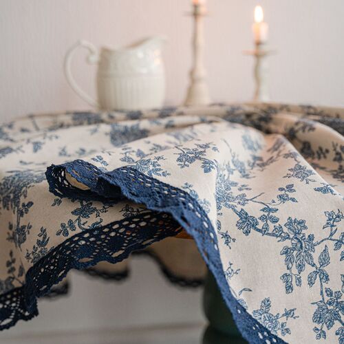 Yimanqiyun tablecloth blue rose printed tablecloth cotton and linen round fabric retro small round table INS style