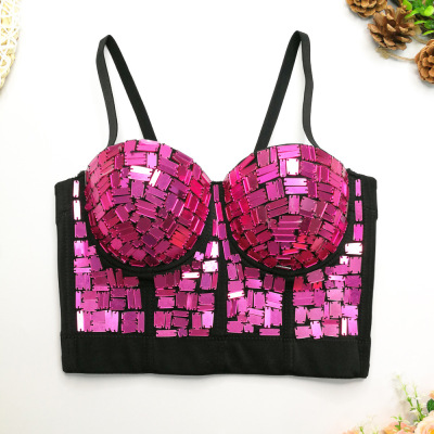 Glass fuchsia sequins fishbone condole top nightclubs disco dancing and sexy bra stage Prom masquerade halloween party bar pole dance Jazz dance bra tops for Women Girls