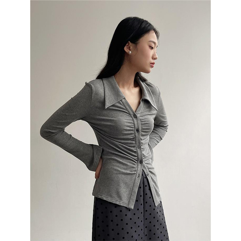 [small waisted t] song Ming retro pleated long sleeve top women's 2024 autumn new slim cardigan Y2583F
