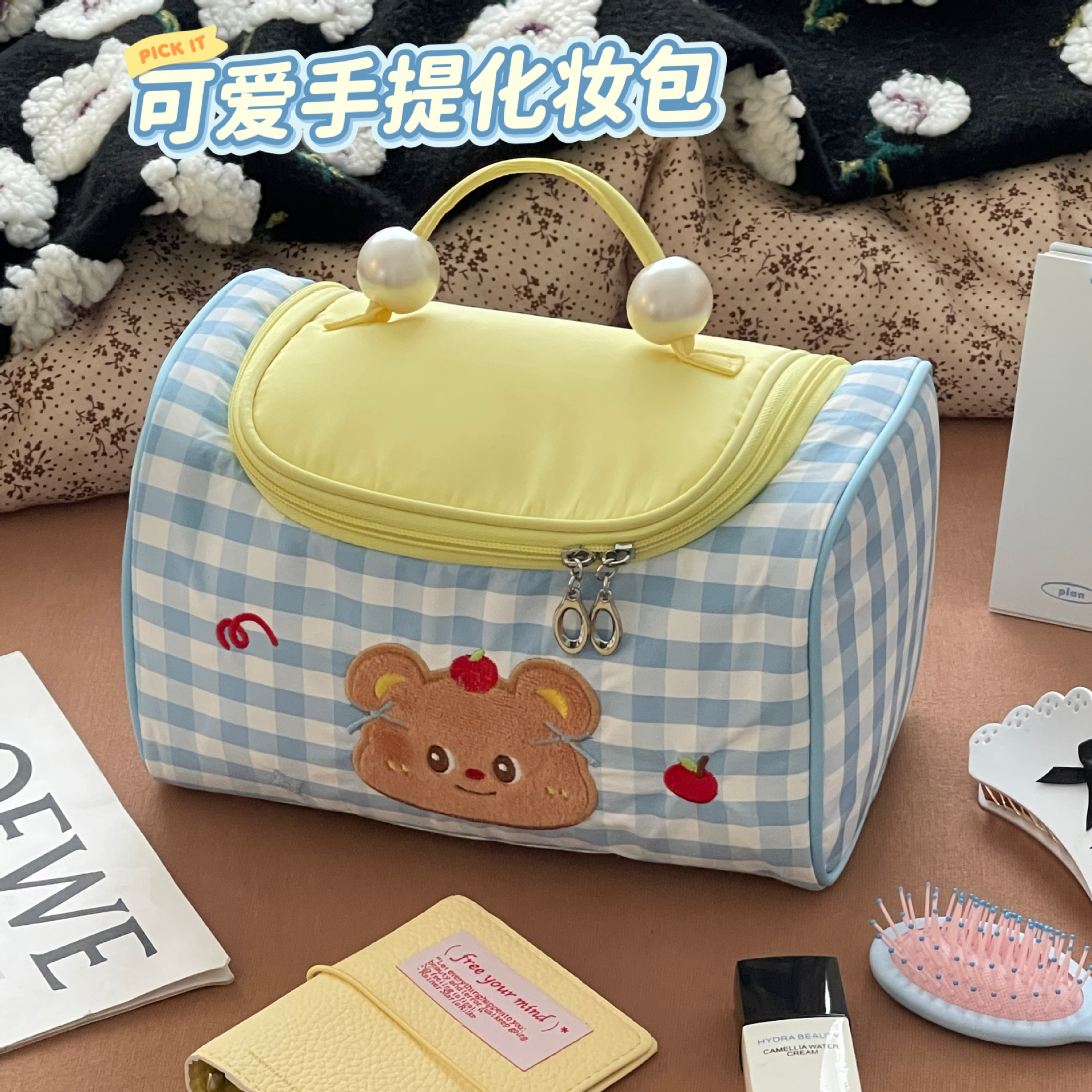 Bolsa de maquillaje flip de dibujos animados de niñas de gran capacidad de viaje portátil bolsa de lavado portátil multifuncional bolsa de almacenamiento de cosméticos