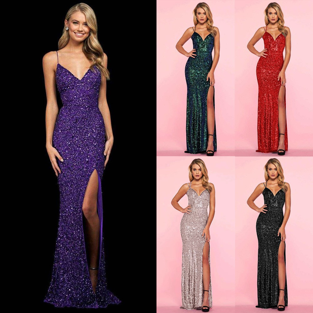 Nuevo vestido largo de verano 2026 transfronterizo europeo y americano para mujer, de moda, sexy, con lentejuelas, sin espalda, con abertura y efecto adelgazante.