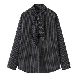 速卖通批发秋新款女装百搭围巾式格纹翻盖领排扣长袖衬衫2180125