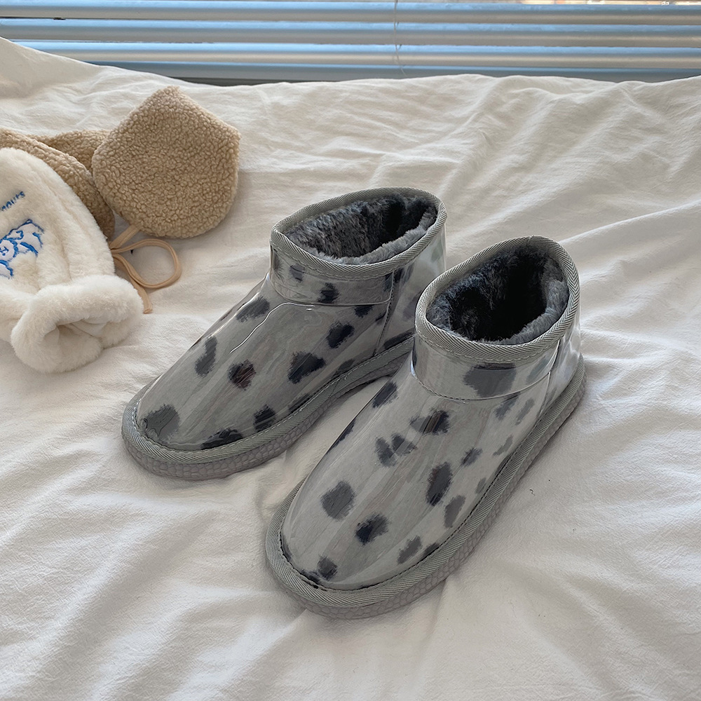 豹紋鞋透明雪地靴女冬防水保暖2021年新款洋氣加絨加厚面包大棉鞋