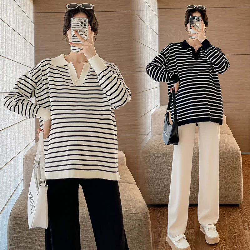 Реальный выстрел 2024 одежды для беременных весной с длинными рукавами моды дикий продвинутый смысл в полоску свободного размера большой размер вязаный топ для беременных