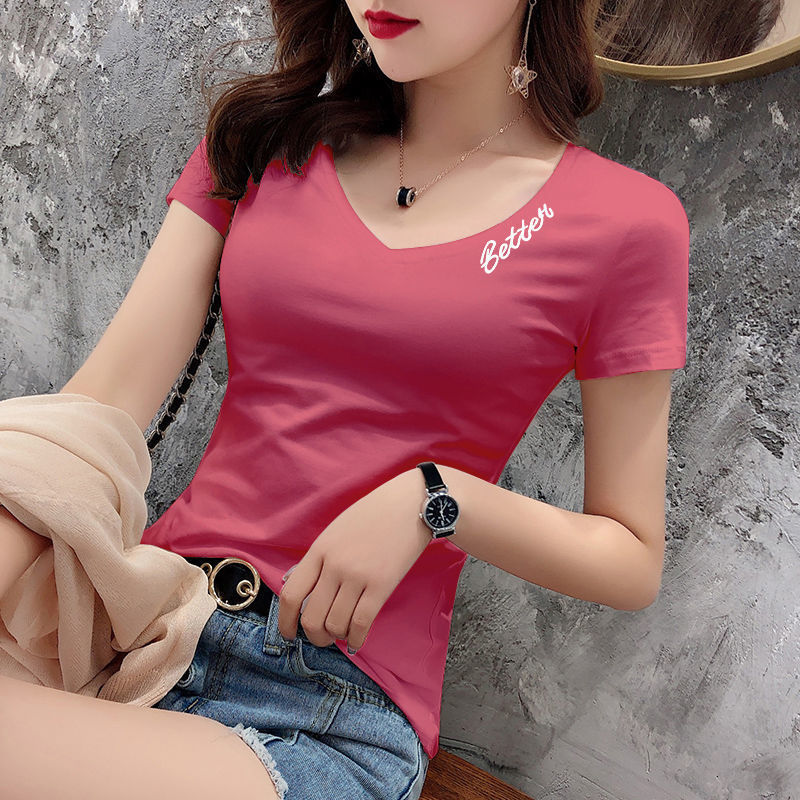 Pink T-Shirt Women's Short-Sleeved Cotton Tight Top 2025 New Summer Style V-Neck Slim Half-Sleeved T-Shirt Trendy