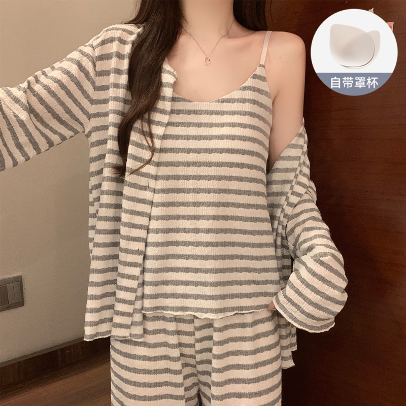 条纹三件套睡衣女春秋款带胸垫高级感吊带长袖长裤冬季外穿家居服|undefined