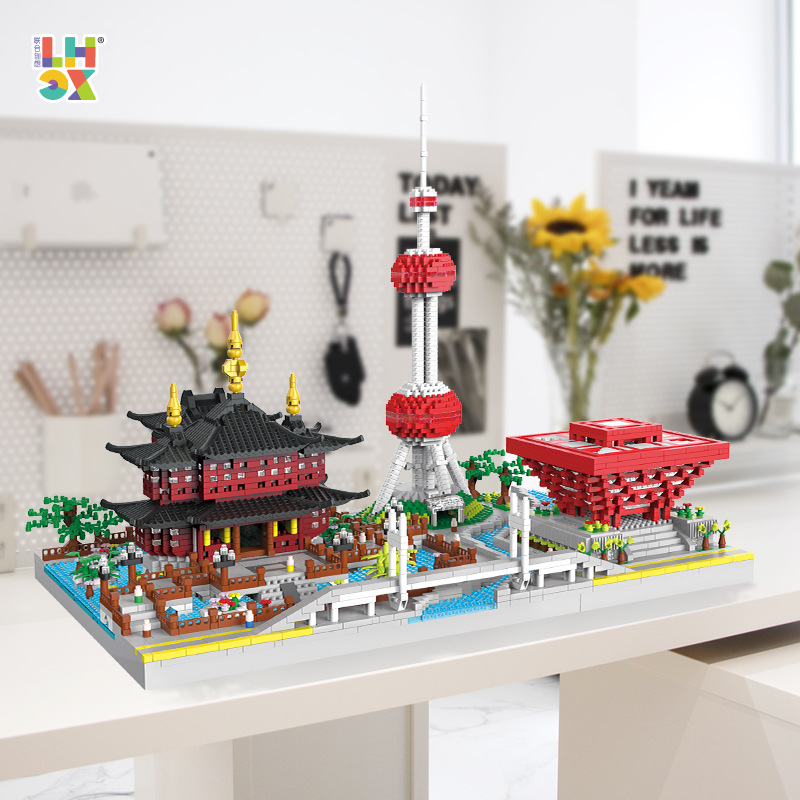Co-Creative Micro Granular Building Blocks 817 Shanghai Skyline China Coordenadas Modelo de Arquitectura Ornamentación Regalo