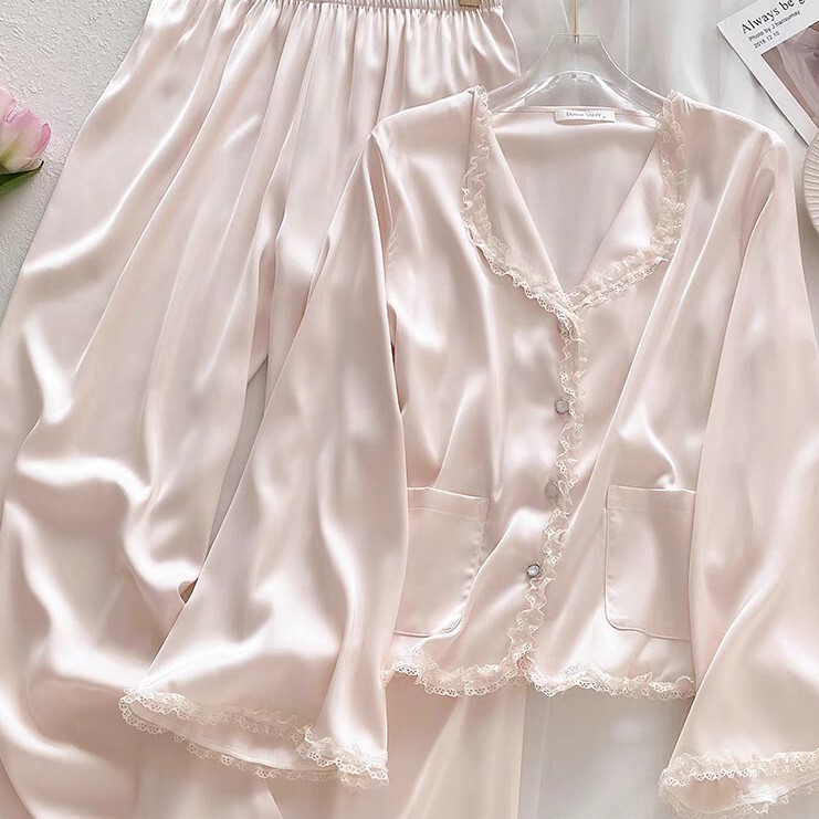 New Arrival Pajamas Women's Spring and Autumn French Court Style Long Sleeve Sweet Princess Simple Home Clothes Ice Silk suit Summer