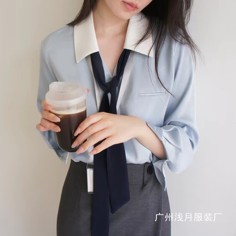 Lost and Fonud Contrasting Light Blue Matte Satin Collar with Vertical Stripes and Ribbon Bow Tie Long-Sleeve Stylish Shirt