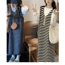 韩版氛围感条纹纽扣连衣裙女春秋大码宽松孕妇装无袖长款背心裙女