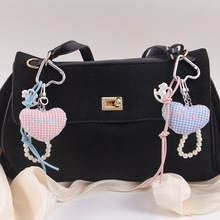 新品跨境布艺爱心包包挂件miu系摇摇小马心形钥匙扣珍珠链包配件