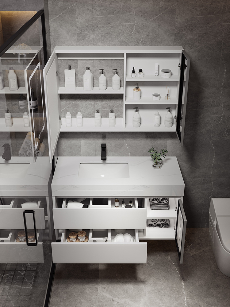 Shiqi Placa de roca gabinete de baño combinación de luz de lujo moderno simple baño mesa de lavado lavabo gabinete