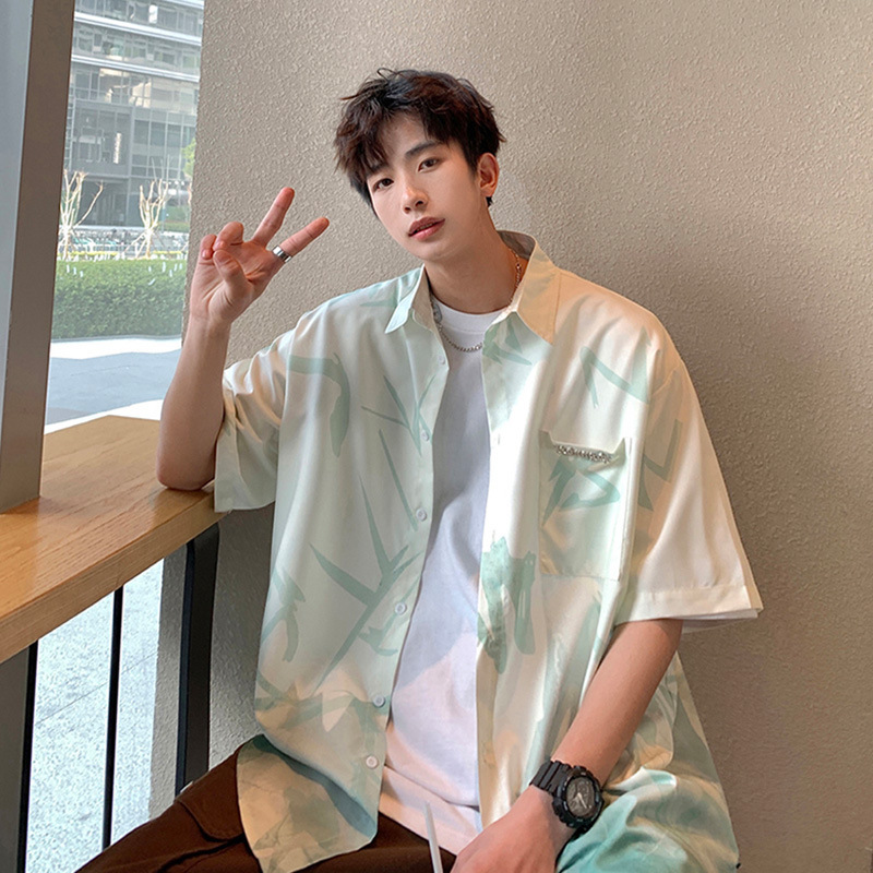 Ice Silk Cool Shirt Men's Summer Trendy Brand Design High-grade Gradient Ink Painting All-match Loose Shirt for Couple