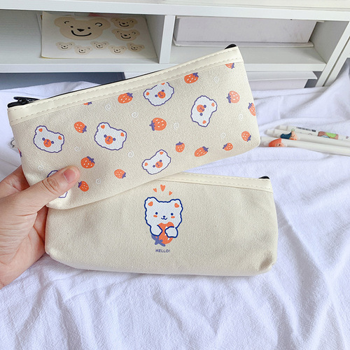 Girly Heart Canvas Pen Bag Large Capacity Cute Girls Stationery Bag Simple Primary School Girls Pencil Box