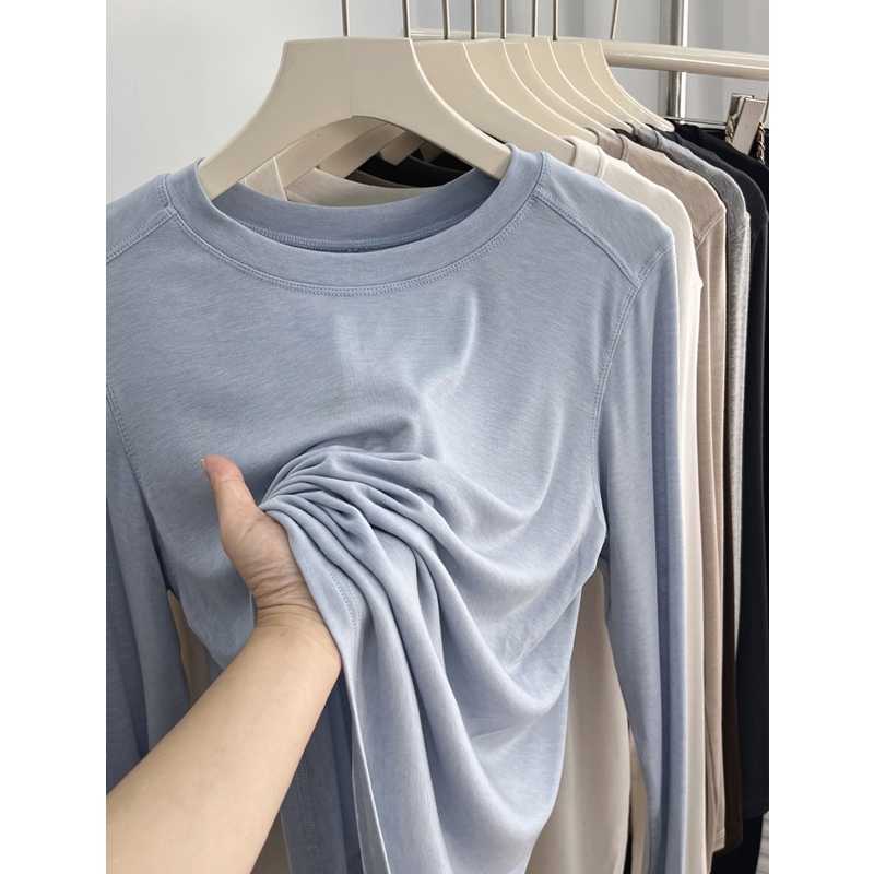Soft and Light-feeling Lyocell Shoulder Thin T-shirt Women's Long-sleeved Autumn Inner Wear Simple Solid Color Slim-fit Top Base Shirt