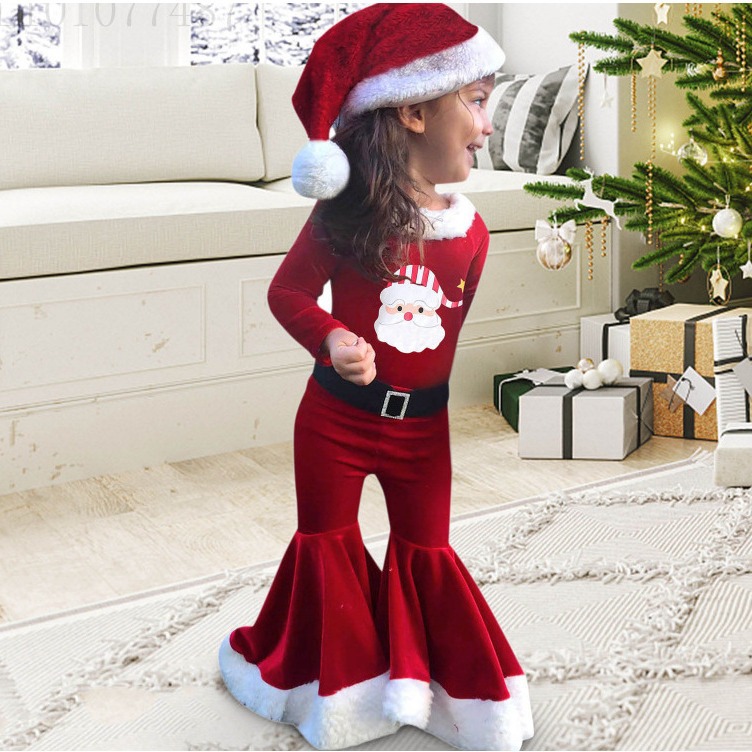 Amazon Niños traje de felpa de Navidad pantalones acampanados de Europa y América de Primavera y Otoño de Invierno de terciopelo de oro de Navidad elfo ropa