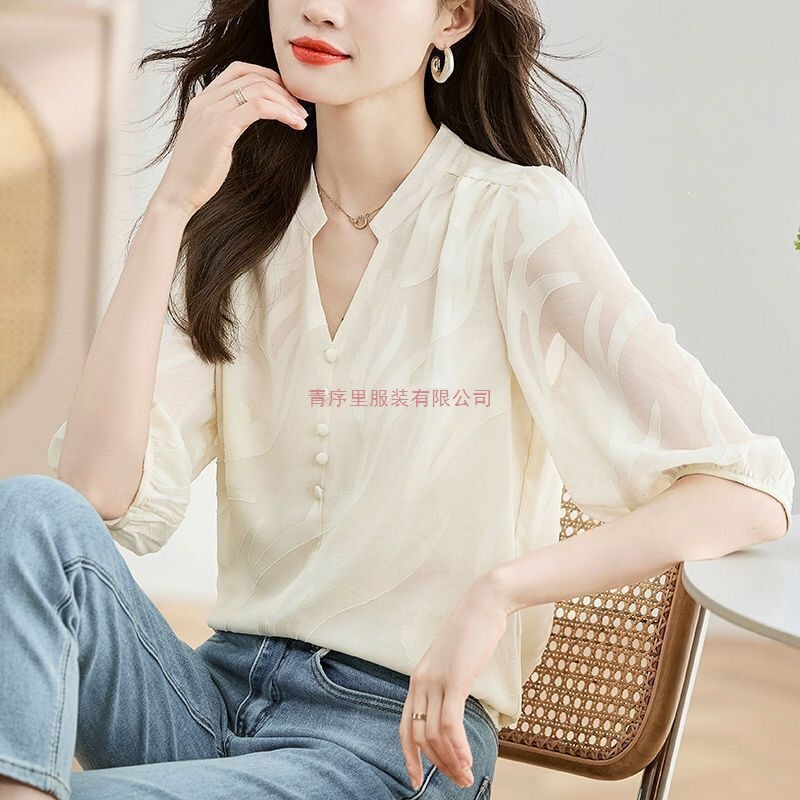 Thin Black Short-Sleeved Chiffon Shirt for Women 2026 Summer New Style Fashionable Lace Shirt Loose Belly-Covering Top