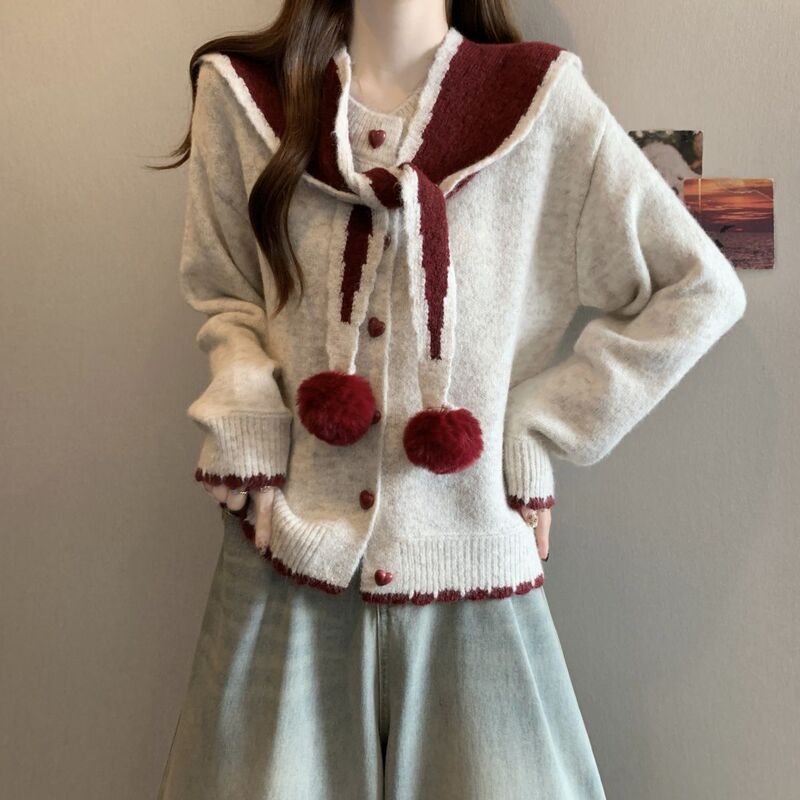 Kaning Navy Collar Shawl Knitted Cardigan 2026 Autumn and Winter New Style Preppy Style Heart Button Round Neck Sweater Jacket Kaning Navy Collar Shawl Knitted Cardigan 2026 Autumn and Winter New Style Preppy Style Heart Button Round Neck Sweater Jacket