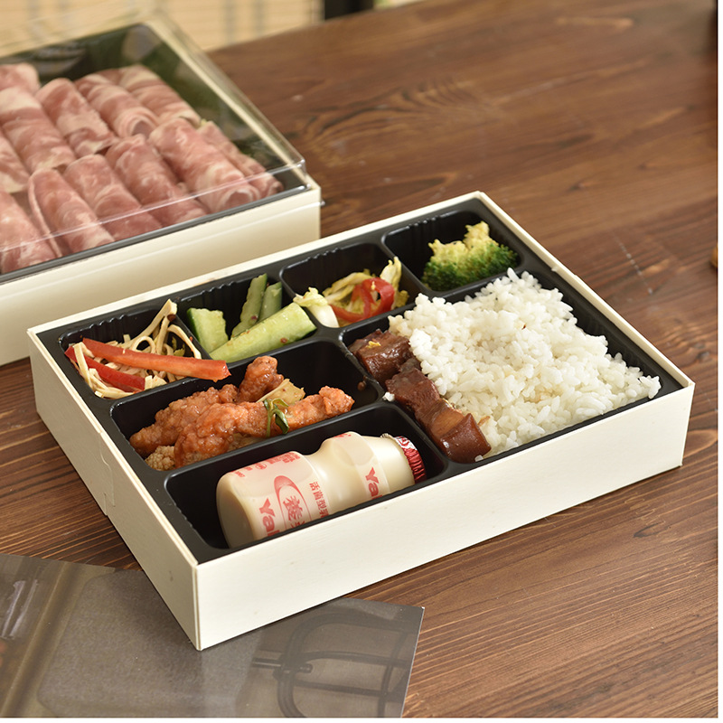 Caja de comida rápida de madera desechable, hotel de negocios de alta calidad, paquete de siete cuadrones, caja de comida para llevar resistente a alta temperatura