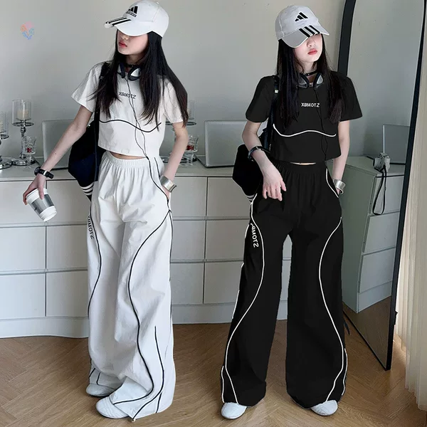 Girls' Sporty Drawstring Two-Piece Set, High-Waisted T-Shirt and Wide-Leg Pants, Straight-Leg Pants, 2026 Summer New Style Long Pants