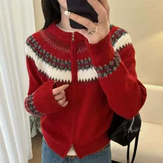 费尔岛提花针织开衫女式圆领双拉链毛衣外套秋冬新款撞色长袖外搭