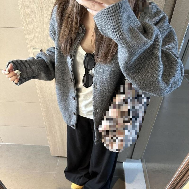 韩系慵懒灰色毛衣外套女秋冬新款宽松慵懒松弛感宽松软糯针织开衫|undefined