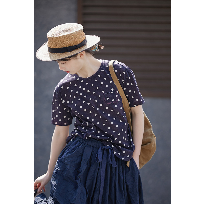 Literary Casual Summer Style Old Super Color Polka Dot Pure Cotton Light and Delicate Knitted Pullover Short-Sleeved T-Shirt Top for Women
