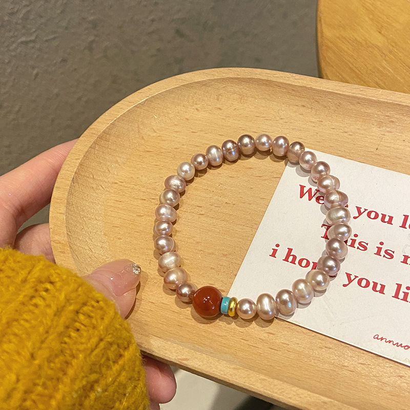 New Chinese Style Light Luxury High Beauty Value Natural Freshwater Pearl Bracelet Artistic Retro Simple Red Agate Girlfriend Bracelet for Women