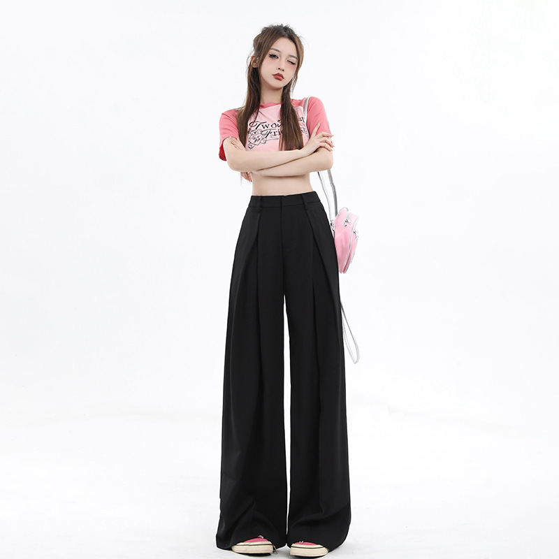 Korean Style High Waist Pleated Loose Wide-leg Suit Pants 2025 Spring New Style Slimming Straight Floor-mopping Casual Pants for Women