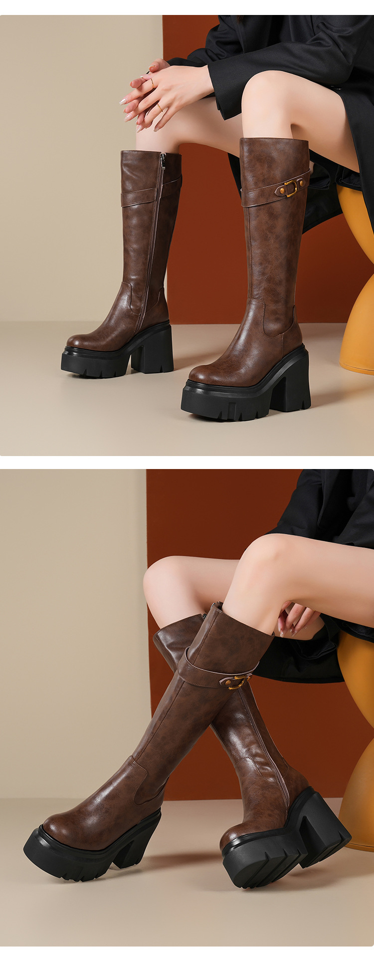 Boot nữ cổ cao ôm bắp chân khóa kéo đế dày gót cao — Lót nhung đen chi tiết 4