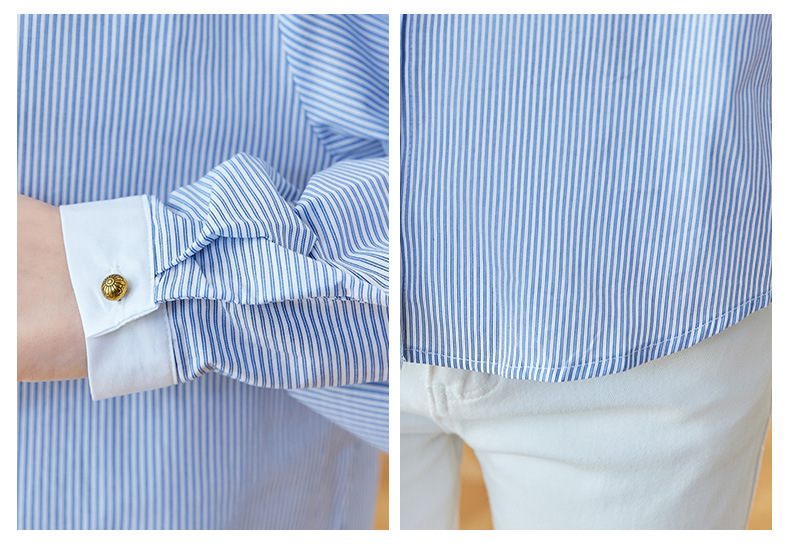 K Blue Striped Shirt, Women's Long Sleeved New Round Neck Top, Fashionable And Versatile, Loose And Slimming Shirt_ecoleips.com