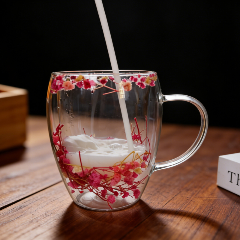 Taza de vidrio multicolor con flores secas insertadas, aislamiento térmico y anti-escaldado, taza de bebida doméstica de doble capa con mango en forma de huevo de flores secas
