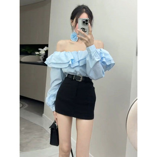 Autumn New Hot Girl Outer Wear Ruffled One-Shoulder Long-Sleeved Shirt Women's High-Waist Hip-Covering Skirt Two-Piece Set