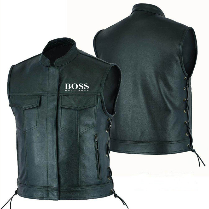 Cross-Border Supply Amazon Men's Clothing Boos Printed Leather Vest V-Neck Single-Breasted Zipper Short Sleeveless Top