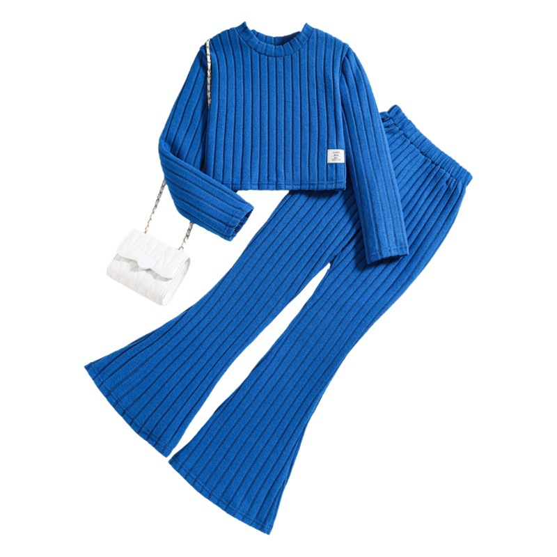 Traje para niñas Ropa para niños europeos y americanos Primavera Nuevo estilo Niños medianos y grandes Chaquetas de manga larga Pantalones acampanados Traje de dos piezas de punto