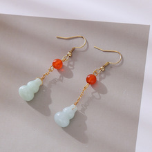 新款古风简约高级天然玉石耳环中国风长款流苏葫芦耳饰耳坠批发