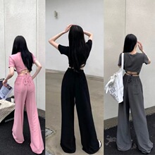 夏季新款纯色设计感后背镂空短袖短款T恤高腰休闲阔腿裤女两件套