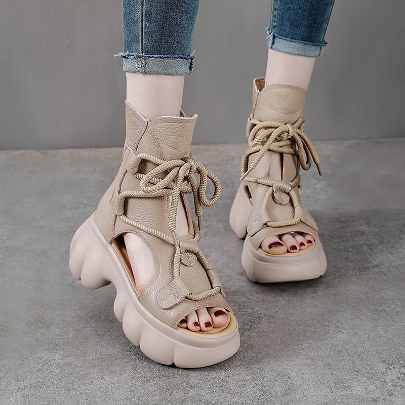 Sandal cao gót nữ hở mũi phong cách La Mã, đế dày, da bò thật, cổ cao lỗ thoáng — màu be