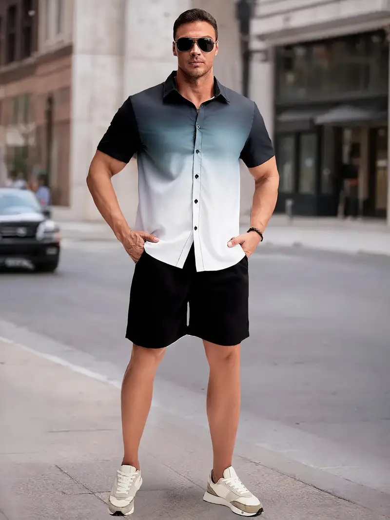 2024 nuevos productos europeos transfronterizos de Amazon, camisa de manga corta con costuras de gradiente estadounidense, traje de pantalones cortos MB1 MA1