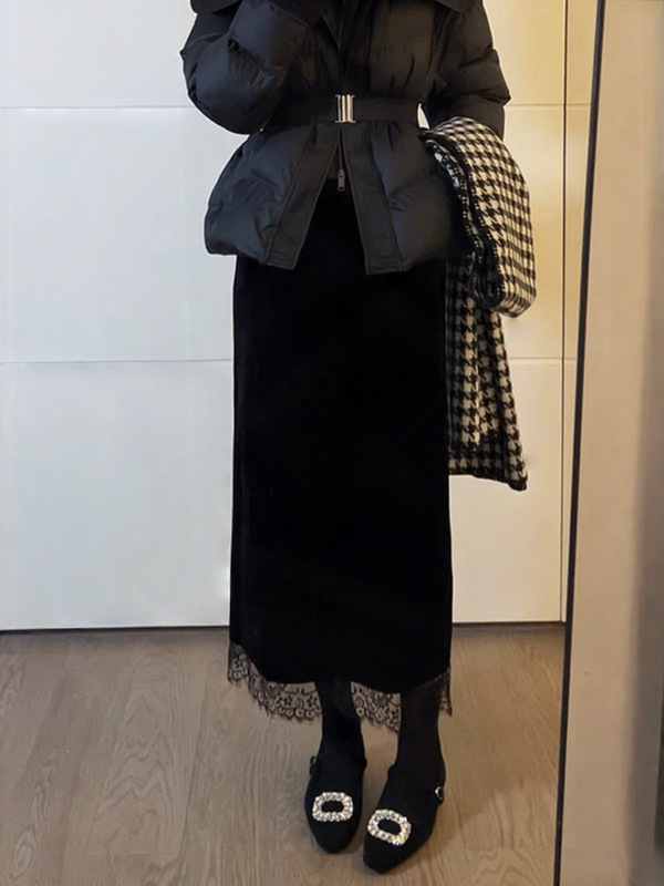 蕾丝拼接丝绒半身裙女2025新款秋冬季高腰显瘦开叉松紧腰直筒裙子|undefined