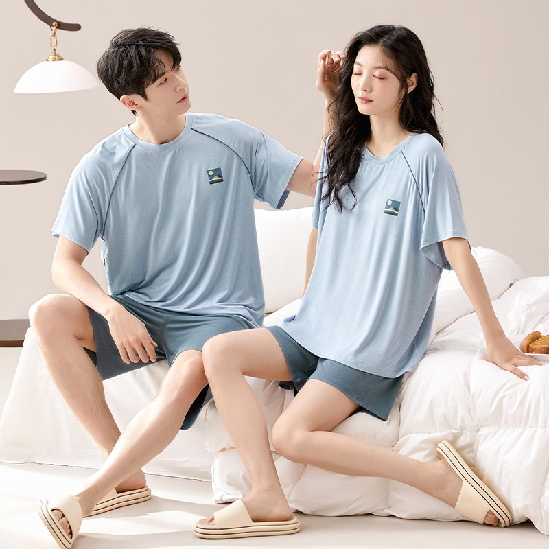 Con almohadilla para el pecho 2024 pijamas de verano pareja modal manga corta conjunto de dos piezas primavera y verano color sólido hombres homewear suave