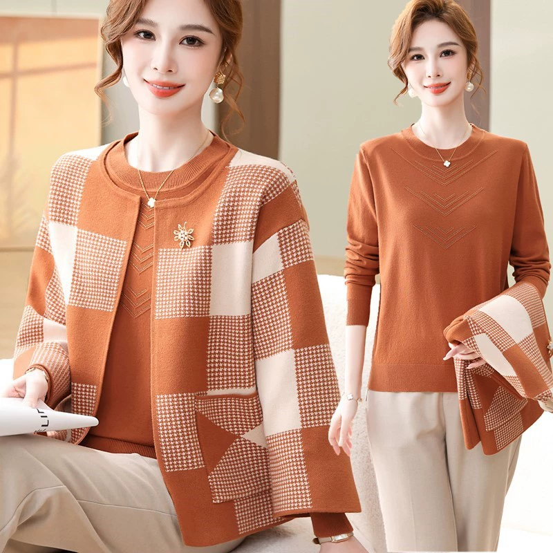 Мама среднего возраста весенний костюм из двух частей топ 50-летний вязаный свитер кардиган весной и осенью короткий костюм темперамента
