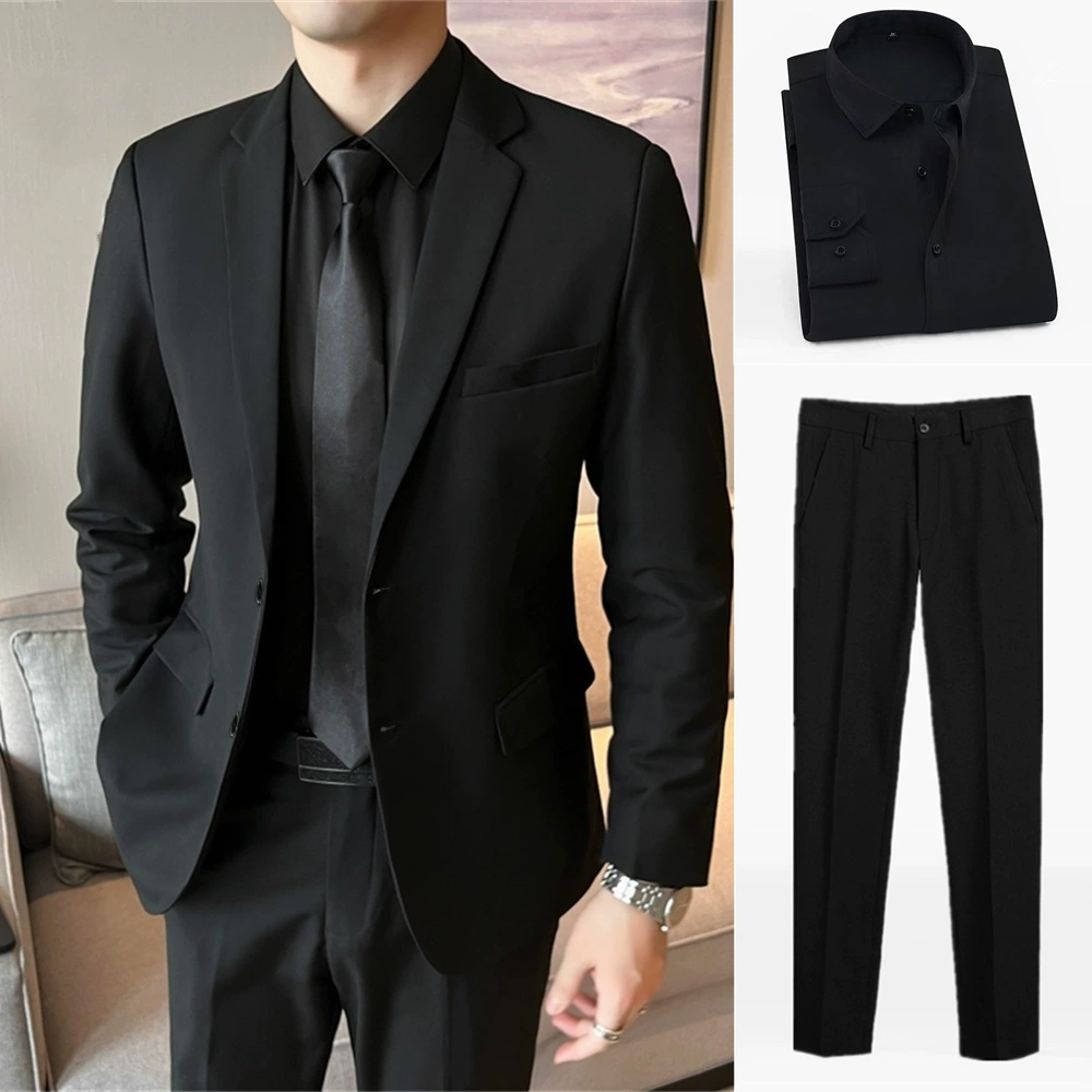 Мужской классический костюм‑пиджак slim fit, чёрный, высокое качество, с опцией галстука